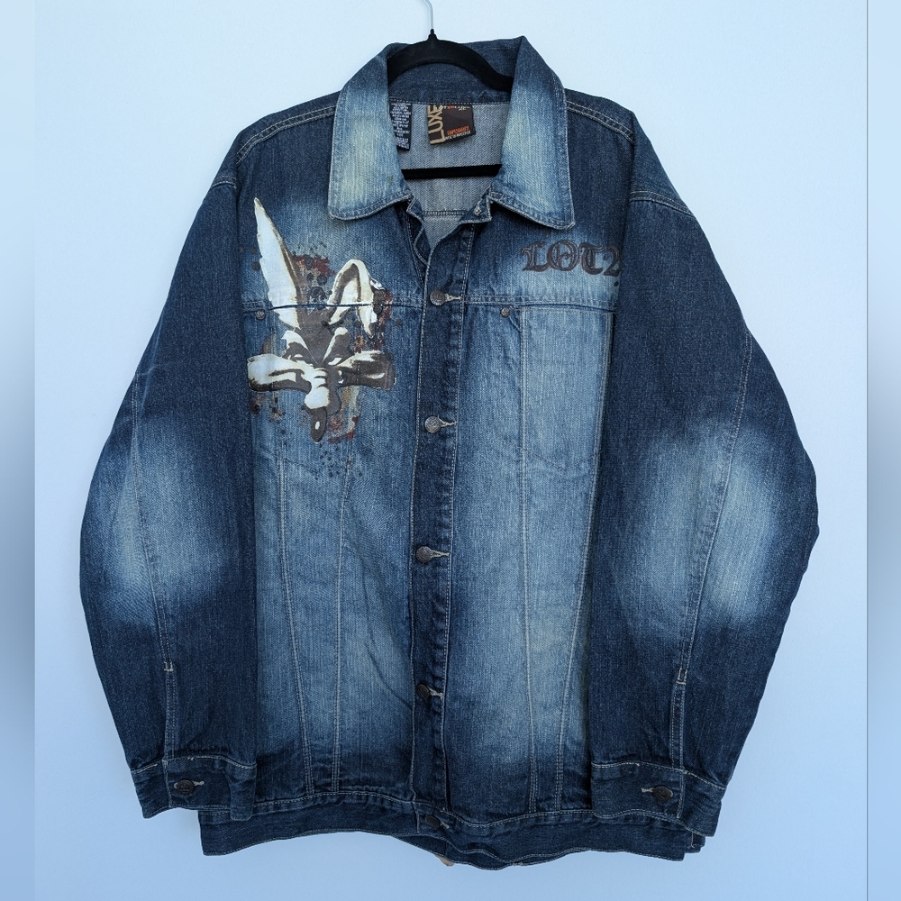 Y2K Lot 29 Looney Tunes Heavyweight Denim Jacket Print Sz XL Streetwear Painted